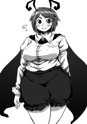 Rule 34 | 1girl, alternate breast size, antennae, blush, bow, breasts, cape, commentary, covered navel, dress shirt, fat, greyscale, grin, highres, ichigo kotou, juliet sleeves, large breasts, long sleeves, looking at viewer, monochrome, aged up, plump, puffy sleeves, shirt, short hair, shorts, smile, solo, thick thighs, thighs, touhou, wriggle nightbug