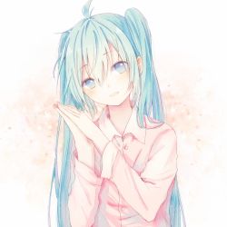 Rule 34 | 1girl, ahoge, aqua eyes, aqua hair, bad id, bad pixiv id, collared shirt, hair between eyes, hatsune miku, head tilt, long hair, long sleeves, looking at viewer, mimengfeixue, open mouth, own hands together, pajamas, shirt, solo, twintails, upper body, vocaloid
