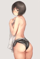 Rule 34 | 1girl, amagami, ass, back, black eyes, black hair, blush, breasts, closed mouth, clothes pull, competition swimsuit, grey background, highleg, highleg swimsuit, looking at viewer, medium breasts, one-piece swimsuit, one-piece swimsuit pull, parted bangs, serizawa (serizawaroom), shirt, short hair, shoulder blades, simple background, solo, swimsuit, tachibana miya, topless