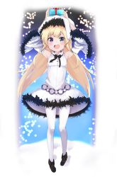 Rule 34 | 1girl, :d, amano kouki, armpits, arms up, black bow, black footwear, blonde hair, blue eyes, boots, bow, box, commentary request, detached sleeves, dress, full body, fur-trimmed dress, fur-trimmed headwear, fur-trimmed sleeves, fur trim, gift, gift box, heterochromia, highres, long hair, long sleeves, open mouth, original, pantyhose, purple eyes, sleeveless, sleeveless dress, smile, solo, standing, teeth, upper teeth only, very long hair, white dress, white headwear, white pantyhose, white sleeves, wide sleeves