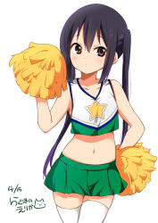 Rule 34 | 1girl, black hair, blush, cheerleader, collarbone, commentary request, cowboy shot, crop top, crop top overhang, dated, eyebrows, green skirt, hand on own hip, holding, k-on!, legs together, long hair, looking at viewer, midriff, nakano azusa, navel, official style, pleated skirt, pom pom (cheerleading), ragho no erika, red eyes, sidelocks, simple background, skirt, sleeveless, smiley face, solo, standing, star (symbol), star print, stomach, tank top, tareme, thighhighs, twintails, white background, white thighhighs, zettai ryouiki