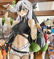 Rule 34 | 3girls, ?, ??, absurdres, ahoge, bare shoulders, belt, bikini, black bikini, black bow, black hair, black hat, black scarf, black shirt, black thighhighs, blonde hair, bow, breasts, cleavage, clothes hanger, clothes rack, cropped shirt, fate/grand order, fate (series), green bikini, green eyes, green jacket, green one-piece swimsuit, hair bow, hat, highres, jacket, large breasts, long hair, long sleeves, midriff, multicolored clothes, multicolored hair, multicolored jacket, multiple girls, nagao kagetora (fate), navel, obazzotto, oda nobunaga (fate), oda nobunaga (swimsuit berserker) (fate), oda nobunaga (swimsuit berserker) (first ascension) (fate), oda uri, off shoulder, okita j. souji (fate), okita j. souji (first ascension) (fate), okita souji (fate), one-piece swimsuit, open clothes, open jacket, open mouth, peaked cap, red shirt, scarf, shirt, short hair, short shorts, shorts, sidelocks, single thighhigh, sleeveless, sleeveless shirt, slingshot swimsuit, small breasts, smile, swimsuit, thigh strap, thighhighs, thighs, two-tone hair, two-tone jacket, uesugi kenshin (fate), uesugi kenshin (second ascension) (fate), very long hair, white hair, white jacket, white shorts, yellow eyes