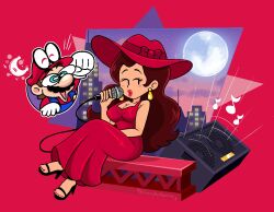 Rule 34 | 1boy, 1girl, artist name, blue eyes, blush, breasts, brown hair, cappy (mario), city, cleavage, crossed legs, dress, earrings, facial hair, gloves, grin, hat, high heels, jewelry, large breasts, lipstick, long hair, looking at another, makeup, mario, mario (series), meme, microphone, moon, music, musical note, mustache, night, night sky, nintendo, overalls, pauline (mario), red dress, singing, sitting, sky, smile, super mario odyssey