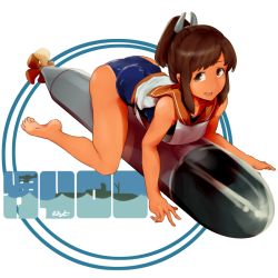 Rule 34 | 1girl, all fours, blouse, blue one-piece swimsuit, brown eyes, brown hair, character name, commentary request, full body, hair ornament, hairclip, i-401 (kancolle), kantai collection, looking at viewer, one-hour drawing challenge, one-piece swimsuit, orange sailor collar, ponytail, righgi, sailor collar, school swimsuit, shirt, short ponytail, side-tie shirt, sleeveless, sleeveless shirt, solo, swimsuit, swimsuit under clothes, tan, tanline, torpedo, white shirt