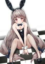 Rule 34 | 1girl, animal ears, black bow, black bowtie, black leotard, bow, bowtie, breasts, checkered floor, detached collar, dutch angle, fake animal ears, fishnet pantyhose, fishnets, grey hair, hair bow, leotard, long hair, looking at viewer, original, pantyhose, playboy bunny, purinpu, rabbit ears, rabbit tail, red eyes, sitting, small breasts, solo, strapless, strapless leotard, tail, very long hair, wrist cuffs