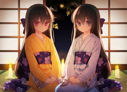 Rule 34 | 2girls, bad id, bad pixiv id, blue eyes, blush, bow, brown hair, candle, closed mouth, expressionless, floral print, full moon, hair between eyes, hair bow, japanese clothes, kimono, long hair, moon, multiple girls, obi, on floor, original, own hands together, pink eyes, purple bow, redherb, sash, seiza, sitting, sliding doors, tatami, tsurime, v arms, very long hair