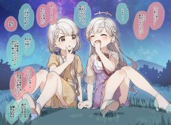 Rule 34 | +++, 2girls, :d, :o, ^ ^, blush, braid, brown eyes, closed eyes, dress, earrings, forest, grey hair, high heels, highres, hisakawa hayate, hisakawa nagi, holding hands, idolmaster, idolmaster cinderella girls, jewelry, legs, long hair, looking at another, mountain, multiple girls, nature, night, night sky, open mouth, outdoors, purple dress, shoe soles, siblings, sisters, sitting, sky, smile, speech bubble, star (sky), starry sky, strappy heels, thighs, translation request, twins, twintails, white hair, yellow dress, yukie (kusaka shi)