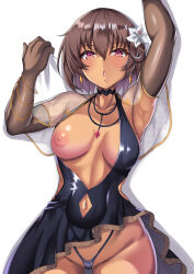 Rule 34 | 1girl, absurdres, aged up, alternate costume, armpits, arms up, black choker, black dress, black gloves, black panties, blush, breasts, breasts apart, brown hair, choker, clothing cutout, collarbone, commentary request, dangle earrings, dark-skinned female, dark skin, dress, earrings, elbow gloves, evening gown, flower, gloves, hair between eyes, hair flower, hair ornament, highleg, highleg panties, highres, jewelry, large breasts, looking at viewer, mizuki yukikaze, mizuki yukikaze (future), multiple bracelets, navel, navel cutout, necklace, nipples, official alternate costume, official alternate hair length, official alternate hairstyle, one breast out, open mouth, panties, parapetto, pink eyes, see-through shawl, shawl, short hair, solo, taimanin (series), taimanin rpgx, taimanin yukikaze, thong, underwear, white background, white flower, wide hips