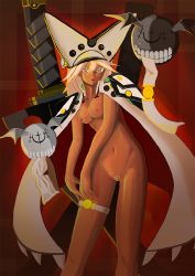 Rule 34 | 1girl, arc system works, belt bra, cape, coat, creature, dark skin, dressing, dual wielding, guilty gear, guilty gear xrd, hat, holding, naked cape, nude, ramlethal valentine, short shorts, shorts, white hair