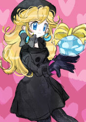 Rule 34 | 1girl, absurdres, alternate costume, beret, black bow, black choker, black coat, black gloves, black headwear, black pantyhose, blonde hair, blue eyes, blue gemstone, blush stickers, bow, bow choker, buttons, choker, closed mouth, coat, collared coat, commentary request, earrings, eyelashes, gem, gift, gloves, hat, heart, heart background, highres, holding, holding gift, jewelry, long hair, long sleeves, looking at object, mario (series), nintendo, pantyhose, pink background, polka dot, princess peach, princess peach (wintertime), rakugaki shitagari-ya, smile, sphere earrings, super mario odyssey, yellow bow