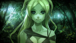 Rule 34 | 1girl, bare shoulders, black eyes, blonde hair, breasts, bug, cleavage, dress, expressionless, forest, long hair, nature, original, silk, smile, solo, spider, spider web