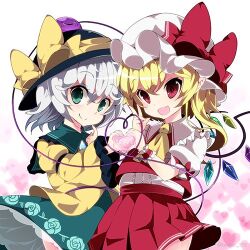 Rule 34 | 2girls, ascot, black headwear, blonde hair, bow, closed mouth, commentary, crystal, fang, flandre scarlet, floral print, green eyes, green skirt, grey hair, hat, hat bow, heart, heart background, heart hands, juliet sleeves, kayama benio, komeiji koishi, long sleeves, lowres, mob cap, multiple girls, one side up, open mouth, puffy sleeves, red bow, red eyes, red skirt, red vest, rose print, shirt, short sleeves, skin fang, skirt, smile, third eye, touhou, vest, white headwear, white shirt, wings, wrist cuffs, yellow ascot, yellow bow, yellow shirt