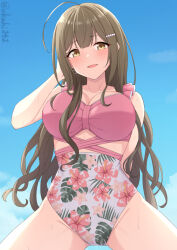 Rule 34 | 1girl, ahoge, akahi242, alternate hairstyle, arm behind back, arm behind head, bare shoulders, blue sky, blush, breasts, brown eyes, brown hair, casual one-piece swimsuit, cleavage, collarbone, cowboy shot, dot nose, floral print, from below, hair ornament, hair over shoulder, hairclip, hibiscus print, highres, idolmaster, idolmaster shiny colors, kuwayama chiyuki, large breasts, long hair, looking at viewer, one-piece swimsuit, open mouth, outdoors, print swimsuit, shy, sky, smile, solo, standing, sweat, swimsuit, twitter username, two-tone swimsuit