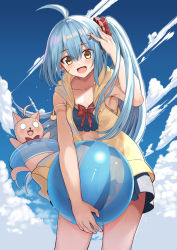 Rule 34 | 1girl, :d, ahoge, armpit peek, ball, bare arms, beachball, bikini, bikini skirt, blue bikini, blue hair, blue sky, blush, bow, bowtie, cat, cloud, cloudy sky, collarbone, commentary request, day, drawstring, facial scar, floating hair, fortissimo, from below, hair between eyes, hair ornament, hair scrunchie, hand in own hair, hand up, highres, holding, holding ball, holding beachball, hood, hood down, hoodie, jumping, leaning forward, long hair, looking at viewer, mahcdai, musical note, musical note hair ornament, o o, open clothes, open hoodie, open mouth, original, outdoors, planol note, red bow, red bowtie, red scrunchie, scar, scar on cheek, scar on face, scrunchie, see-through, side ponytail, sidelocks, sky, sleeveless, sleeveless hoodie, smile, standing, swimsuit, water drop, wind, yellow eyes, yellow hoodie