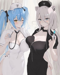Rule 34 | 2girls, absurdres, alternate costume, bad id, bad pixiv id, black dress, black nails, blue hair, blue nails, breasts, cleavage, curtains, dress, grey eyes, halloween costume, hand on another&#039;s hip, hat, highres, holding, holding stethoscope, holding syringe, hololive, infirmary, large breasts, long hair, low twintails, multiple girls, nail polish, nurse, nurse cap, one eye closed, pelvic curtain, pointy ears, renge (730), shishiro botan, stethoscope, syringe, twintails, very long hair, virtual youtuber, white dress, white hair, yellow eyes, yukihana lamy, zipper, zipper pull tab