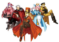Rule 34 | 2boys, 3girls, :d, animal ear fluff, animal ears, aqua bow, archer (fate), band uniform, bb (fate), bb (fate/extra), belt, between breasts, black collar, black footwear, black gloves, black headwear, black shirt, black skirt, blonde hair, blurry, blurry background, boots, bow, braid, breasts, cape, closed mouth, coat, collar, cross-laced footwear, crossed arms, earrings, epaulettes, eyelashes, fangs, fate/extra, fate/extra ccc, fate (series), finger to cheek, formal, fox ears, fox girl, fox shadow puppet, fox tail, french braid, frilled sleeves, frills, full body, garrison cap, gilgamesh (fate), gloves, green eyes, green hair, grey hair, grin, hair between eyes, hair bow, hair ribbon, hand on own chin, hand on own leg, hat, high collar, highres, hood, hooded coat, invisible chair, jewelry, lace-up boots, lapels, large breasts, long hair, long sleeves, looking at viewer, military, military hat, military uniform, multiple boys, multiple girls, necktie, nero claudius (fate), nero claudius (fate) (all), nero claudius (fate/extra), notched lapels, official alternate costume, official art, open mouth, overcoat, pants, pantyhose, peaked cap, pink coat, pink hair, pink headwear, pink necktie, pink suit, promotional art, purple eyes, purple hair, red cape, red coat, red eyes, red footwear, red headwear, red necktie, red pants, red ribbon, red shorts, red skirt, red theme, ribbon, shako cap, shirt, short hair, short shorts, shorts, sidelocks, sitting, skin fangs, skirt, smile, smug, split ponytail, standing, strap between breasts, suit, tachi-e, tail, tamamo (fate), tamamo no mae (fate/extra), thighhighs, transparent background, trench coat, uniform, v-shaped eyebrows, very long hair, wada arco, white bow, white footwear, white gloves, white pantyhose, white shirt, yellow cape, yellow eyes, yellow pants, zettai ryouiki