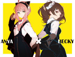 Rule 34 | 2girls, adapted costume, aged up, ahoge, alternate hairstyle, anya (spy x family), becky blackbell, black dress, black jacket, black skirt, breasts, brown eyes, brown hair, character name, closed mouth, collared shirt, cowboy shot, curly hair, dress, dress shirt, dressing, eden academy school uniform, fake horns, frills, green eyes, hair ornament, hair scrunchie, hairband, hand up, highres, horns, jacket, long sleeves, looking at viewer, looking back, multiple girls, off shoulder, open clothes, open jacket, outside border, pencil skirt, pinafore dress, pink hair, ribbon trim, school uniform, scrunchie, shell hair ornament, shirt, sidelocks, skirt, sleeveless dress, smile, spy x family, suspender skirt, suspenders, teo1984, twintails, updo, white shirt, yellow background