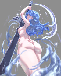 Rule 34 | 1girl, armpits, ass, blue hair, breasts, castlevania (series), from below, grey background, highres, holding, holding sword, holding weapon, huge weapon, kous (onetwojustice), long hair, looking at viewer, looking back, medium breasts, nude, purple eyes, sideboob, simple background, solo, sword, valkyrie (castlevania), weapon