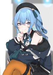 Rule 34 | 1girl, absurdres, beret, black dress, black hat, black skirt, blue eyes, blue hair, blue jacket, blurry, blurry background, collared dress, commentary, crossed legs, dress, earrings, english commentary, green ribbon, hat, highres, hololive, hoshimachi suisei, hoshimachi suisei (streetwear), jacket, jewelry, lace, lace sleeves, long hair, long sleeves, looking at viewer, orange pantyhose, pantyhose, ribbon, short dress, side ponytail, sitting, skirt, skirt set, smile, solo, star (symbol), star in eye, symbol in eye, thigh strap, triangle earrings, valefal coneri, virtual youtuber