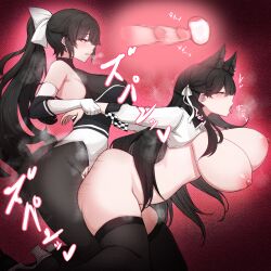 Rule 34 | 1futa, 1girl, :o, animal ears, arms behind back, ass, atago (azur lane), azur lane, back, black hair, blush, bottomless, breasts, breasts out, clothed sex, clothes, cum, cum in pussy, doggystyle, ejaculation, futa with female, futanari, grabbing, grabbing from behind, highres, huge penis, incest, large breasts, leg grab, long hair, looking at viewer, multiple girls, partially undressed, penis, pointy ears, ponytail, rikuguma, sex, sex from behind, takao (azur lane), vaginal, x-ray, yuri