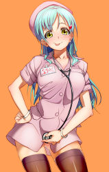 Rule 34 | 10s, 1girl, :p, alternate costume, black thighhighs, blush, brown thighhighs, character name, clothes lift, green hair, hair ornament, hairclip, hand on own hip, hat, kantai collection, kosuke haruhito, long hair, looking at viewer, name tag, no panties, nurse, nurse cap, orange background, shiny clothes, shiny skin, simple background, solo, standing, stethoscope, suzuya (kancolle), thighhighs, thighs, tongue, tongue out, translated, zettai ryouiki