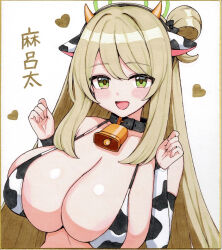 Rule 34 | 1girl, :d, alternate costume, animal ears, animal print, bell, bikini, black collar, blue archive, blush, breasts, brown hair, collar, commentary request, cow ears, cow horns, cow print, cow print bikini, cowbell, fake animal ears, fake horns, green eyes, green halo, hair bun, halo, heart, horns, huge breasts, long hair, looking at viewer, marota, neck bell, nonomi (blue archive), open mouth, print bikini, shikishi, simple background, single hair bun, smile, solo, swimsuit, traditional media, upper body, white background