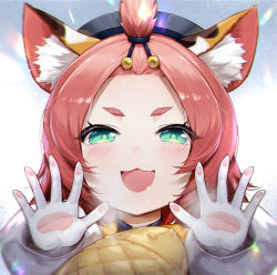 Rule 34 | 1girl, :3, animal ear fluff, animal ears, bangs pinned back, cat ears, diona (genshin impact), drooling, fang, food, genshin impact, gloves, green eyes, hat, highres, open mouth, pastry, pink hair, portrait, ring (1079882045), short hair, solo, taiyaki, wagashi