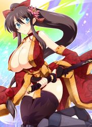 Rule 34 | 1girl, bare shoulders, black thighhighs, blue eyes, boots, breasts, brown hair, cleavage, covered erect nipples, detached sleeves, female focus, gloves, hair ornament, hair ribbon, huge breasts, japanese clothes, katana, long hair, ponytail, ribbon, sengoku taisen, solo, sword, thighhighs, thighs, weapon, wedge (tyrl stride)