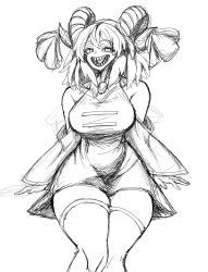 Rule 34 | 1girl, absurdres, alternate breast size, bare shoulders, bigscaryartist1, breasts, curled horns, dress, feet out of frame, greyscale, highres, horn ornament, horn ribbon, horns, large breasts, looking at viewer, medium hair, monochrome, ribbon, sharp teeth, simple background, sitting, solo, teeth, thick thighs, thighhighs, thighs, touhou, toutetsu yuuma