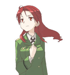 Rule 34 | 1girl, bad id, bad pixiv id, hand on own chest, jacket, long hair, long sleeves, lowres, military, military uniform, minna-dietlinde wilcke, orange eyes, red hair, shiratama (hockey), simple background, solo, strike witches, uniform, white background, world witches series