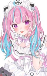 Rule 34 | 1girl, :p, ahoge, akanbe, blue hair, blush, bow, breasts, cleavage, colored inner hair, commentary request, eyelashes, eyelid pull, finger to eye, highres, hololive, long hair, looking at viewer, maid headdress, minato aqua, multicolored hair, pink hair, purple eyes, ribbon, richi 1214, smile, solo, streaked hair, tongue, tongue out, twintails, two-tone hair, upper body, virtual youtuber, white background