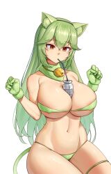 Rule 34 | 1girl, ajidot, animal ear fluff, animal ears, bandeau, banshee (last origin), bikini, breasts, cat ears, commentary request, gloves, green bikini, green gloves, green hair, groin, hair between eyes, hands up, highres, large breasts, last origin, long hair, looking at viewer, navel, official alternate costume, orange eyes, solo, stomach, strapless, strapless bikini, swimsuit, thigh strap, thighs, very long hair