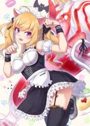Rule 34 | 1girl, :d, ahoge, animal ears, apron, arm up, bare shoulders, bat (animal), beige background, black bow, black dress, black ribbon, black thighhighs, blonde hair, bow, breasts, cat ears, cat girl, cat tail, commentary request, detached sleeves, dress, fang, fingernails, food, frilled apron, frilled dress, frills, fruit, garter straps, gohei (aoi yuugure), grey footwear, hair bow, heart, highres, lace, lace-trimmed legwear, lace trim, long hair, looking at viewer, macaron, maid, maid headdress, medium breasts, nijisanji, open mouth, paw pose, paw print, paw print background, puffy short sleeves, puffy sleeves, purple eyes, ribbon, shoes, short sleeves, sidelocks, sleeveless, sleeveless dress, smile, solo, standing, standing on one leg, strawberry, tail, tail ornament, tail ribbon, takamiya rion, takamiya rion (3rd costume), thighhighs, twintails, virtual youtuber, waist apron, white apron, white sleeves, wristband