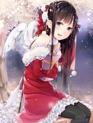 Rule 34 | 1girl, :d, ao no neko, bare shoulders, black pantyhose, blue eyes, box, brown hair, christmas, dress, elbow gloves, gift, gift box, gloves, hat, highres, long hair, looking at viewer, open mouth, original, pantyhose, santa costume, santa hat, sitting, smile, solo, thighhighs, tree, wings