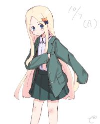 Rule 34 | 1girl, abigail williams (fate), black bow, blazer, blonde hair, blue eyes, blush, bow, closed mouth, collared shirt, commentary request, dated, dressing, fate/grand order, fate (series), forehead, green jacket, green skirt, hair bow, highres, jacket, kujou karasuma, long hair, long sleeves, looking at viewer, open clothes, open jacket, orange bow, parted bangs, pleated skirt, school uniform, shirt, signature, simple background, sketch, skirt, sleeves past fingers, sleeves past wrists, solo, standing, very long hair, white background, white shirt