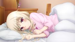 Rule 34 | 1girl, bedroom, collarbone, dress, fate/grand order, fate (series), frilled sleeves, frills, game cg, highres, illyasviel von einzbern, indoors, long hair, looking at viewer, lying, neck ribbon, on bed, on side, pillow, pink dress, pink ribbon, pov across bed, red eyes, ribbon, silver hair, smile, solo, under covers