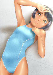 Rule 34 | 1girl, black hair, blue one-piece swimsuit, brown eyes, cameltoe, collarbone, commentary request, competition swimsuit, cowboy shot, dark-skinned female, dark skin, flat chest, highres, lips, looking at viewer, lying, one-piece swimsuit, original, short hair, solo, striped clothes, striped one-piece swimsuit, swimsuit, tan, uzuki mei