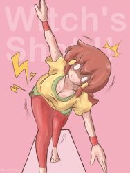 Rule 34 | 1girl, 5-volt, ^^^, artist name, text background, barefoot, blank eyes, blush stickers, breasts, brown hair, cleavage, closed mouth, english text, green shorts, hair ornament, hairclip, head tilt, highres, large breasts, leggings, looking at viewer, mario (series), medium hair, motion lines, nintendo, no nose, open hands, outstretched arms, pain, pink background, red legwear, red wristband, shaded face, shirt, short shorts, short sleeves, shorts, spread arms, sweat, sweatband, t-shirt, taut clothes, taut shirt, twitter username, undaria, warioware, warioware: gold, wristband, yellow shirt, yoga