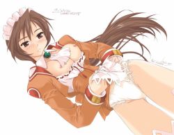 Rule 34 | 1girl, blush, breasts, brown eyes, brown hair, clothes lift, dress, dress lift, lace, lace-trimmed panties, lace trim, lifted by self, long hair, maid, maid headdress, medium breasts, minakami yuuma, nipples, open clothes, open shirt, orange shirt, paffel, panties, shirt, skirt, skirt lift, solo, summon night, summon night 2, thighhighs, underwear, white panties, white thighhighs