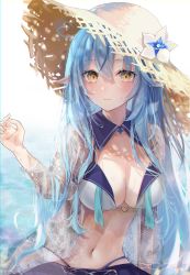 Rule 34 | 1girl, absurdres, ahoge, arm support, bikini, bikini under clothes, blue collar, blue hair, blush, breasts, cleavage, closed mouth, collar, embroidery, flower, fuyoyo, hair between eyes, halterneck, hand up, hat, hat flower, heart, heart ahoge, highres, hololive, large breasts, long hair, looking at viewer, multicolored hair, navel, o-ring, open clothes, open shirt, pointy ears, see-through, see-through shirt, see-through sleeves, sitting, solo, stomach, strap gap, straw hat, streaked hair, sun hat, swimsuit, virtual youtuber, water drop, yellow eyes, yukihana lamy