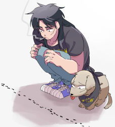Rule 34 | 1boy, ant, black eyes, black hair, black shirt, blue footwear, blue pants, bug, cigarette, closed mouth, commentary request, dog, expressionless, facial scar, fingernails, full body, insect, inudori, itou kaiji, kaiji, long hair, male focus, medium bangs, pants, parted bangs, scar, scar on cheek, scar on ear, scar on face, scar on hand, shirt, shoes, short sleeves, simple background, smoking, sneakers, solo, squatting, white background