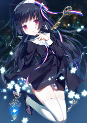 Rule 34 | 1girl, beret, black dress, black footwear, black hair, blue ribbon, blunt bangs, borrowed character, dress, finger to mouth, hat, heart, holding, holding lantern, knees together feet apart, lantern, loafers, long hair, night, night sky, original, parted lips, red eyes, red ribbon, ribbon, sailor collar, sailor dress, shoes, sky, solo, star (sky), star (symbol), starry sky, striped ribbon, thighhighs, thighs, very long hair, white ribbon, white thighhighs, yoruneko