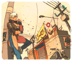 Rule 34 | 1girl, angel (kof), baptiste pagani, blue eyes, boots, chaps, cigarette, cowboy boots, cropped jacket, fingerless gloves, gas station, gloves, leaning back, micro shorts, midriff, motor vehicle, motorcycle, navel, short hair, short shorts, shorts, sleeves rolled up, smoking, solo, the king of fighters, vehicle, very short hair