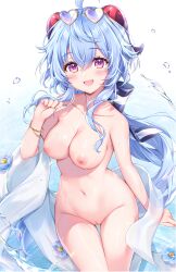 Rule 34 | 1girl, 3rd party edit, absurdres, ahoge, amaki ruto, bare shoulders, blue hair, blush, bracelet, breasts, cleavage, cleft of venus, clitoris, collarbone, eyewear on head, flower, ganyu (genshin impact), genshin impact, heart, heart-shaped eyewear, highres, horns, jewelry, long hair, looking at viewer, medium breasts, navel, nipples, nude, nude filter, open mouth, pulling own clothes, purple eyes, pussy, ribbon, scan, shiny skin, simple background, smile, solo, stomach, sunglasses, thighs, third-party edit, topless female, water, water drop, wet