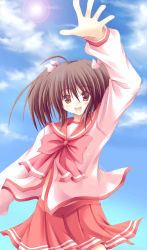 Rule 34 | 00s, 1girl, :d, ahoge, blue sky, bow, bowtie, brown hair, cloud, cowboy shot, day, fuyuwa kotatsu, long sleeves, looking at viewer, open mouth, petals, pleated skirt, red bow, red bowtie, red eyes, red skirt, school uniform, serafuku, shirt, skirt, sky, smile, solo, standing, sun, sunlight, to heart (series), to heart 2, waving, white shirt, yuzuhara konomi