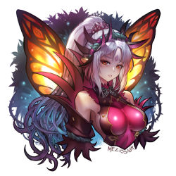 Rule 34 | 1girl, artist name, bare shoulders, breasts, commentary, facial mark, fairy wings, fire emblem, fire emblem heroes, forehead mark, gold trim, gradient hair, hair ornament, large breasts, long hair, looking at viewer, meziosaur, multicolored hair, nintendo, parted bangs, parted lips, pink hair, plumeria (fire emblem), pointy ears, ponytail, purple hair, red eyes, shiny clothes, signature, simple background, sleeveless, solo, thorns, two-tone hair, upper body, wings