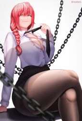 Rule 34 | 1girl, absurdres, artist name, black necktie, braid, breasts, chain, chainsaw man, cleavage, crossed legs, heart, heart-shaped pupils, highres, large breasts, long hair, long sleeves, makima (chainsaw man), necktie, pantyhose, rezeharu, shirt, sitting, skirt, smile, solo, symbol-shaped pupils, thick thighs, thighs, unbuttoned, undone necktie, white background, white shirt, wide hips, yellow eyes