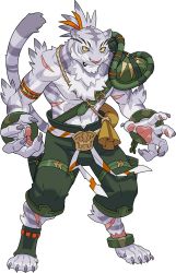 Rule 34 | 1boy, abs, angry, animal ears, animal feet, animal hands, animal nose, armband, armor, artist request, belt, body fur, broken, broken chain, chain, claws, clenched teeth, colored sclera, cuffs, full body, furry, furry male, green shorts, green socks, grey fur, grey hair, hair ribbon, highres, male focus, multicolored hair, muscular, muscular male, navel, nimbus (world flipper), non-web source, official art, orange eyes, orange ribbon, pauldrons, pawpads, pectorals, ribbon, rope, sack, scar, scar on arm, scar on leg, shackles, sharp teeth, short hair, shorts, shoulder armor, simple background, single pauldron, snout, socks, solo, stomach, tail, teeth, tiger boy, tiger ears, tiger tail, toeless legwear, topknot, transparent background, two-tone hair, whiskers, white fur, world flipper, yellow sclera, zipper, zipper pull tab