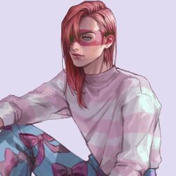 Rule 34 | 1boy, blue pants, closed mouth, earrings, green eyes, grey background, highres, jewelry, jojo no kimyou na bouken, lips, long hair, long sleeves, male focus, mask, melone, meron nouka, pajamas, pants, pink hair, pink sweater, simple background, solo, sweater, vento aureo