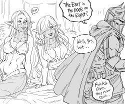 Rule 34 | 1boy, 2girls, abs, armor, barefoot, bb (baalbuddy), bed, breasts, cape, commentary, crossed legs, elf, english commentary, english text, failure, full armor, greyscale, hair over one eye, harem outfit, helmet, highres, knight, large breasts, lipstick, long hair, makeup, monochrome, mouth veil, multiple girls, navel, one eye covered, original, pillow, pointy ears, seductive smile, sitting, smile, veil